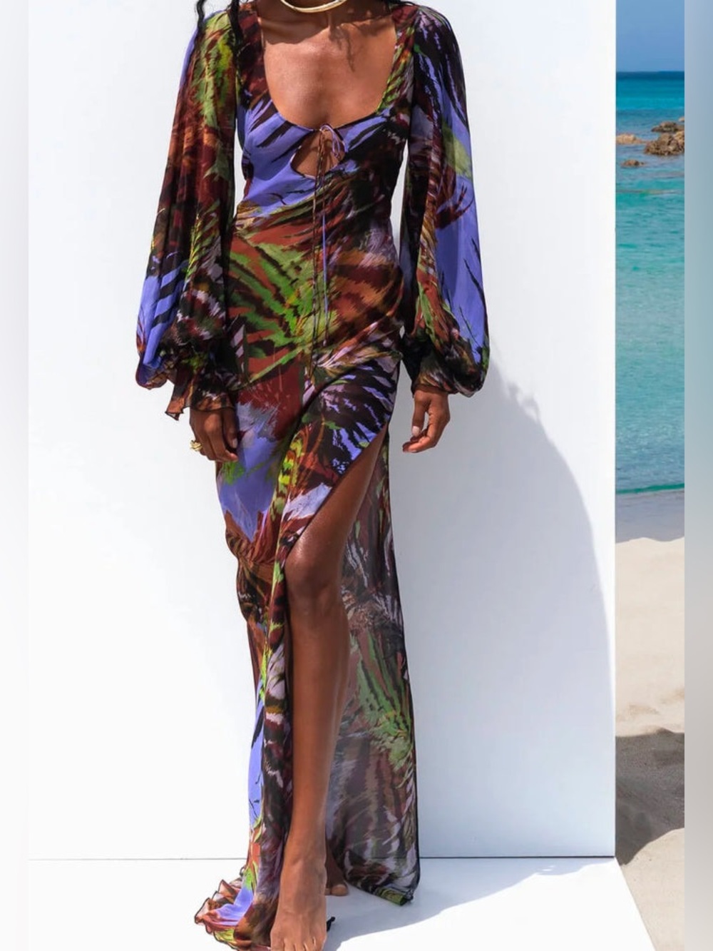New Rat & Boa Daliana Multicolor Sheer Printed Maxi Dress Long Rare Medium